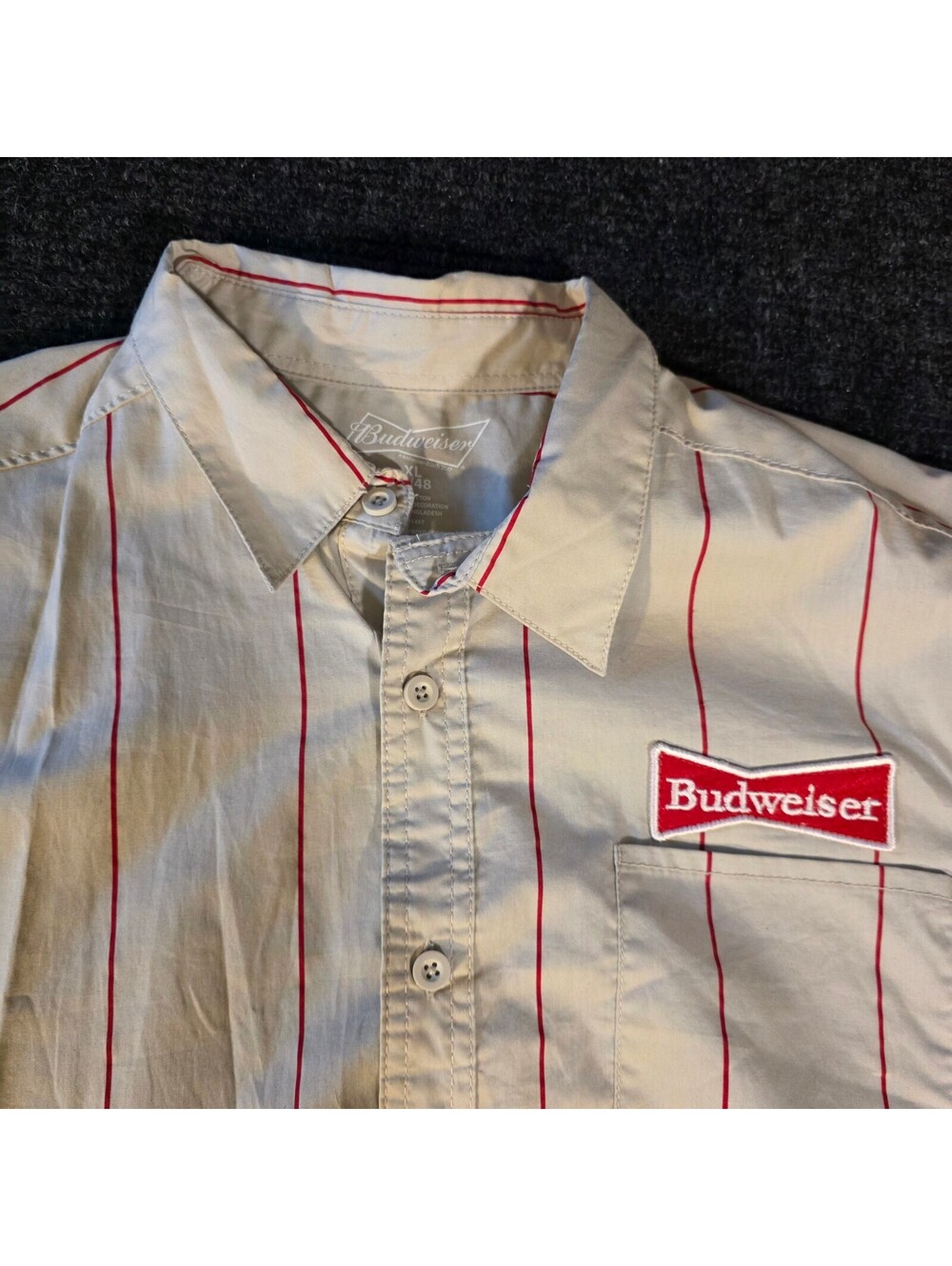 NWOT Budweiser Men's XL baseball style Button-Up Shirt with Red Pinstripes